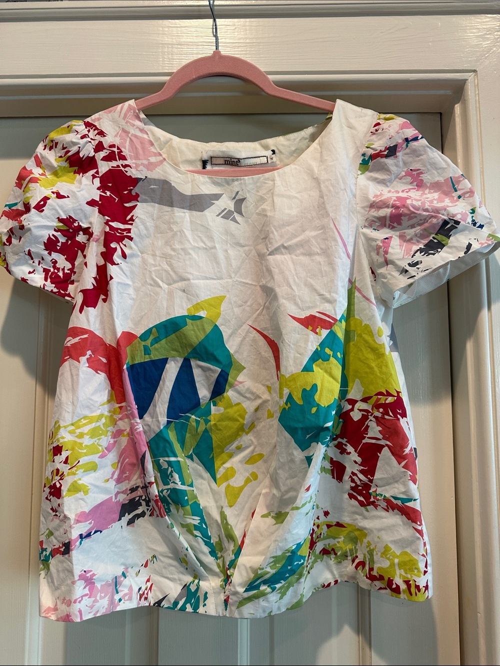 Mint White Multicolor Abstract Print Puff Sleeve Blouse
